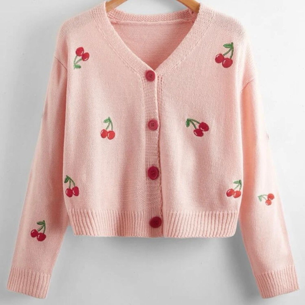 Cherry embroidery button down sweater